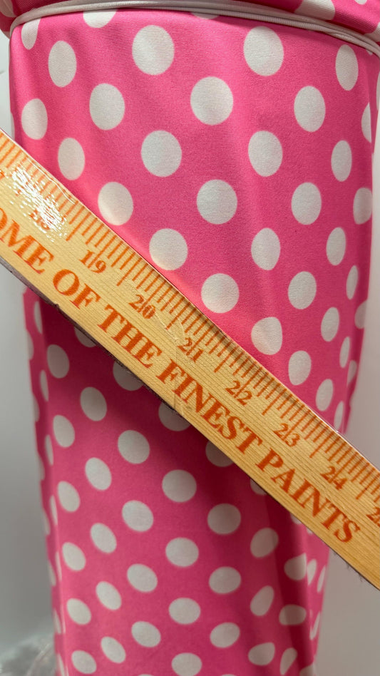 Polka dots design Bubblegum/White print on poly spandex 4-way stretch 58/60” Sold by the YD. Ships Worldwide from Los Ángeles California USA