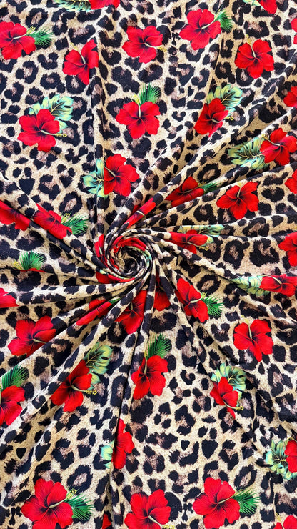 New Hiding Leopard design with red flowers Nylon Spandex 4-way stretch 58/60” High quality fabrics by AlexLAFabrics