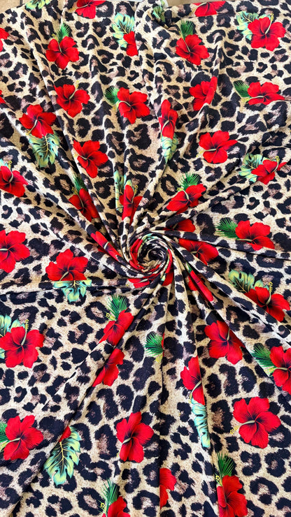 New Hiding Leopard design with red flowers Nylon Spandex 4-way stretch 58/60” High quality fabrics by AlexLAFabrics