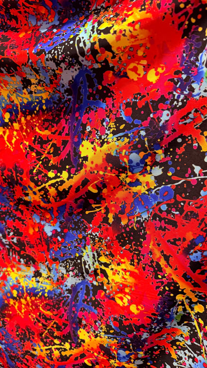 Graffiti paint design Black multicolor nylon spandex 4way Stretch 58/60" Sold by the YD. Ships worldwide from Los Angeles California USA.