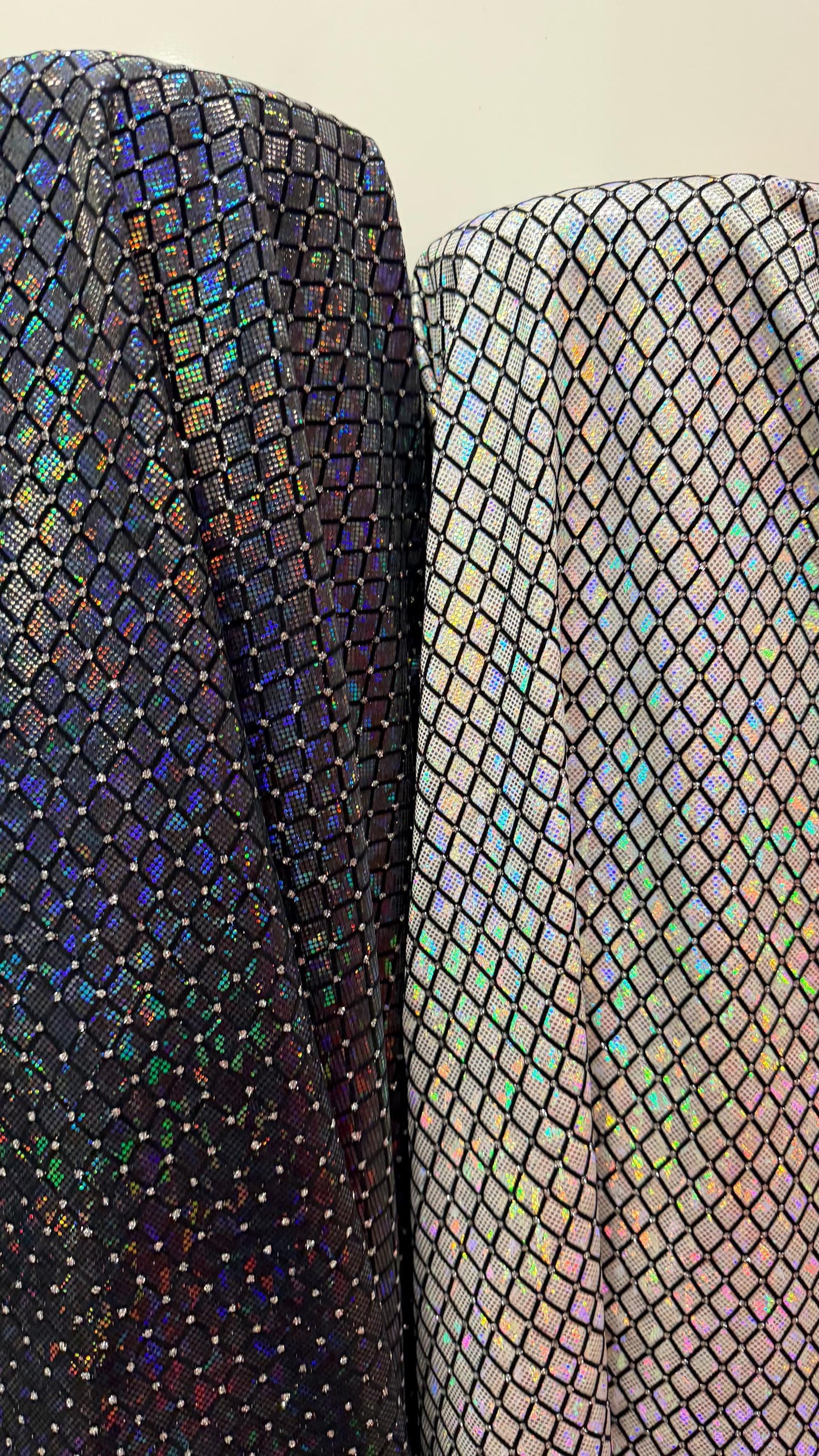 New Diamond Geometric design Hologram metallic nylon spandex shattered glass with flocking and glitter 4-way stretch 58/60” Sold by the YD.