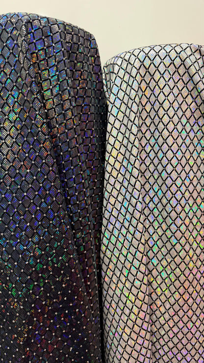 New Diamond Geometric design Hologram metallic nylon spandex shattered glass with flocking and glitter 4-way stretch 58/60” Sold by the YD.