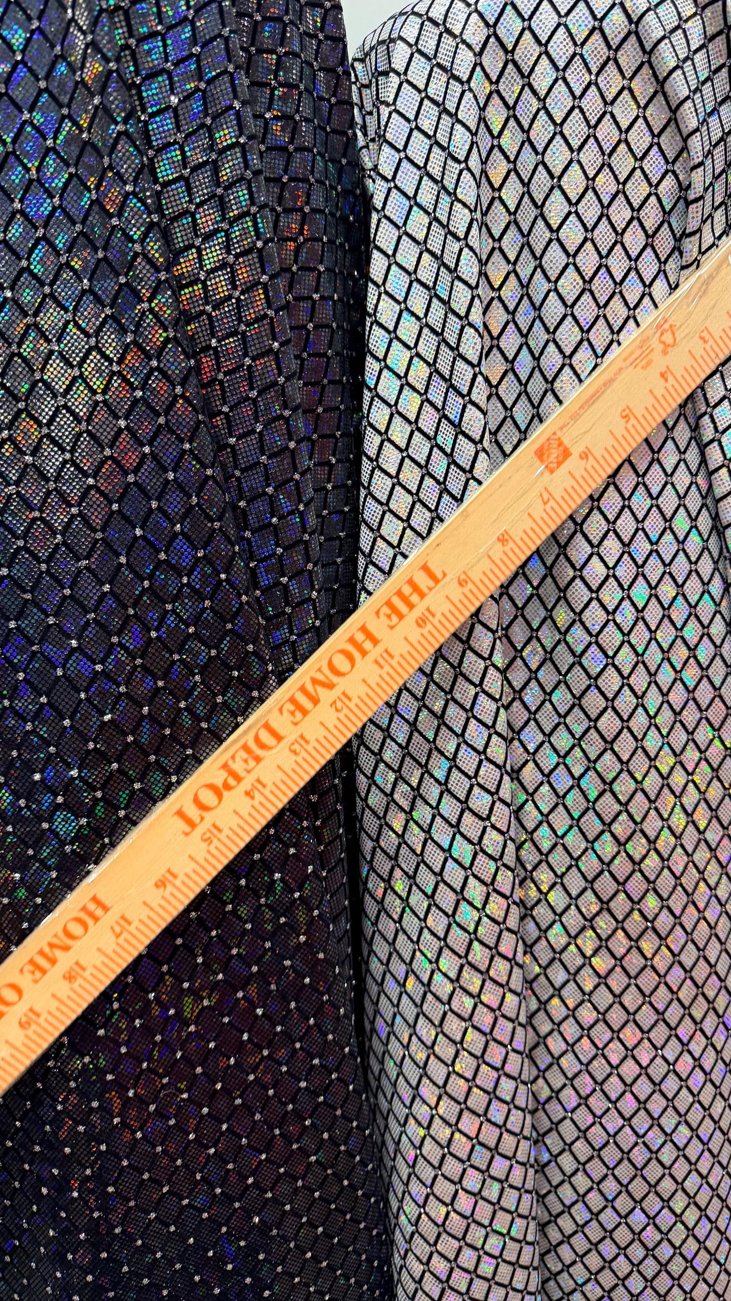 New Diamond Geometric design Hologram metallic nylon spandex shattered glass with flocking and glitter 4-way stretch 58/60” Sold by the YD.
