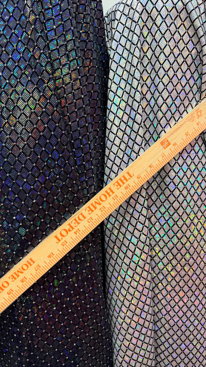 New Diamond Geometric design Hologram metallic nylon spandex shattered glass with flocking and glitter 4-way stretch 58/60” Sold by the YD.