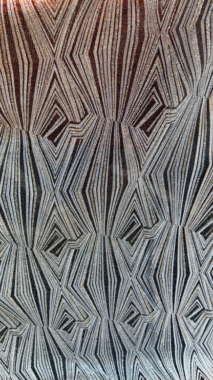 3D Geometric design Slinky with glitter black/silver 4way stretch 58/60" Sold by the YD. Ships worldwide from Los Angeles California USA.