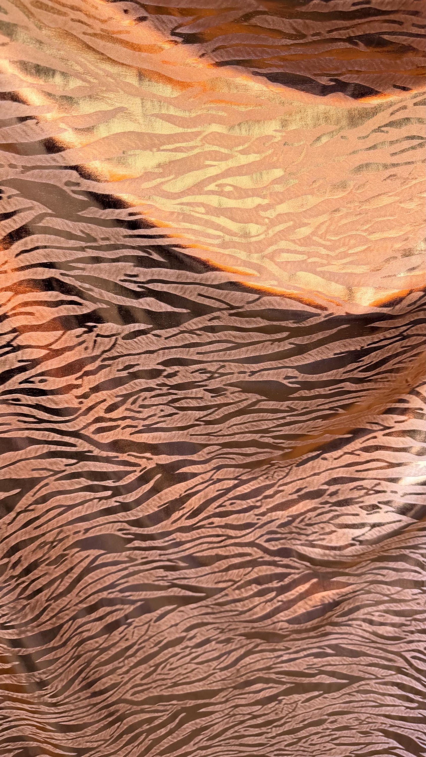 New exotic Tiger design Rose Gold  metallic Nylon spandex 4-way stretch 58/60” Sold by the YD. Ships worldwide from Los Ángeles California