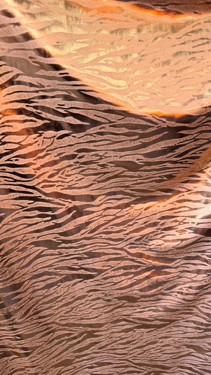 New exotic Tiger design Rose Gold  metallic Nylon spandex 4-way stretch 58/60” Sold by the YD. Ships worldwide from Los Ángeles California