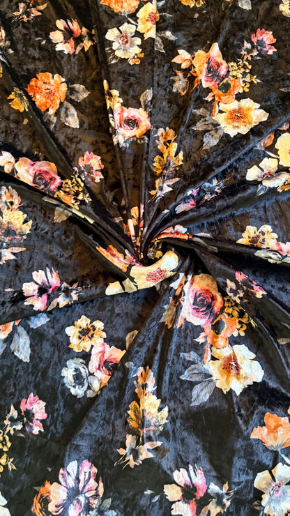 New Stretch velvet Romantic flower design black/multi 2way Stretch 58/60" Sold by the YD. Ships worldwide from Los Ángeles California USA.