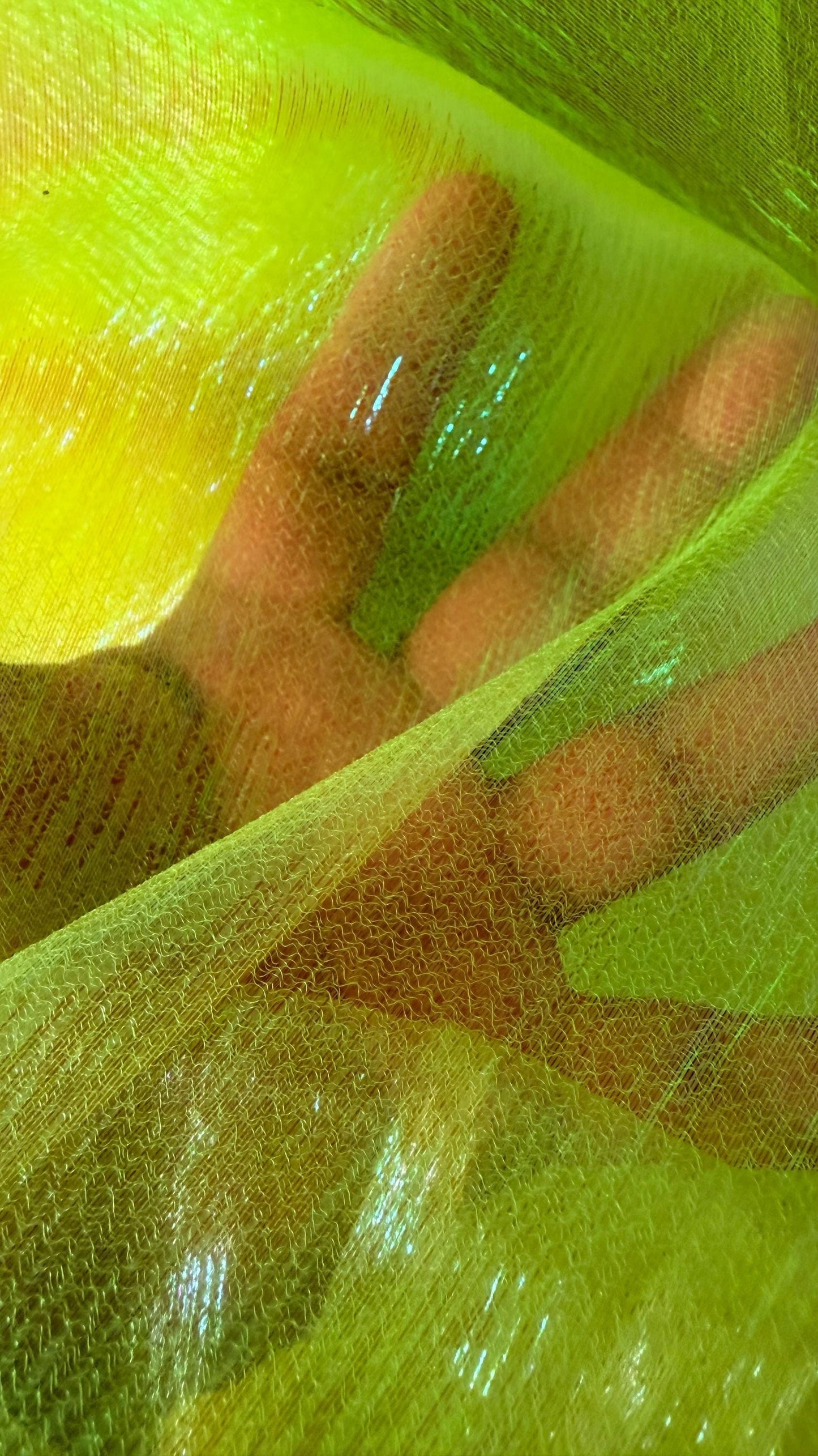 New Iridescent crinkle organza Neon Yellow  non stretch 55/57” Sold by the YD. Ships worldwide from Los Angeles California USA