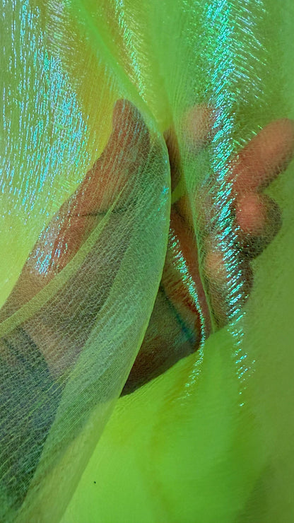 New Iridescent crinkle organza Neon Yellow  non stretch 55/57” Sold by the YD. Ships worldwide from Los Angeles California USA