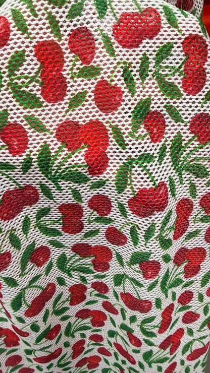New fishnet cherry design 2-way stretch 58/60” Sold by the YD. Ships worldwide from Los Angeles California USA. High quality fabrics