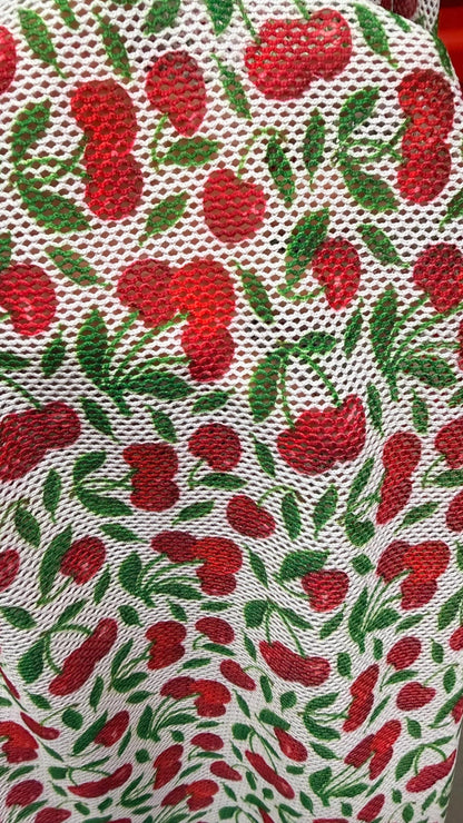 New fishnet cherry design 2-way stretch 58/60” Sold by the YD. Ships worldwide from Los Angeles California USA. High quality fabrics
