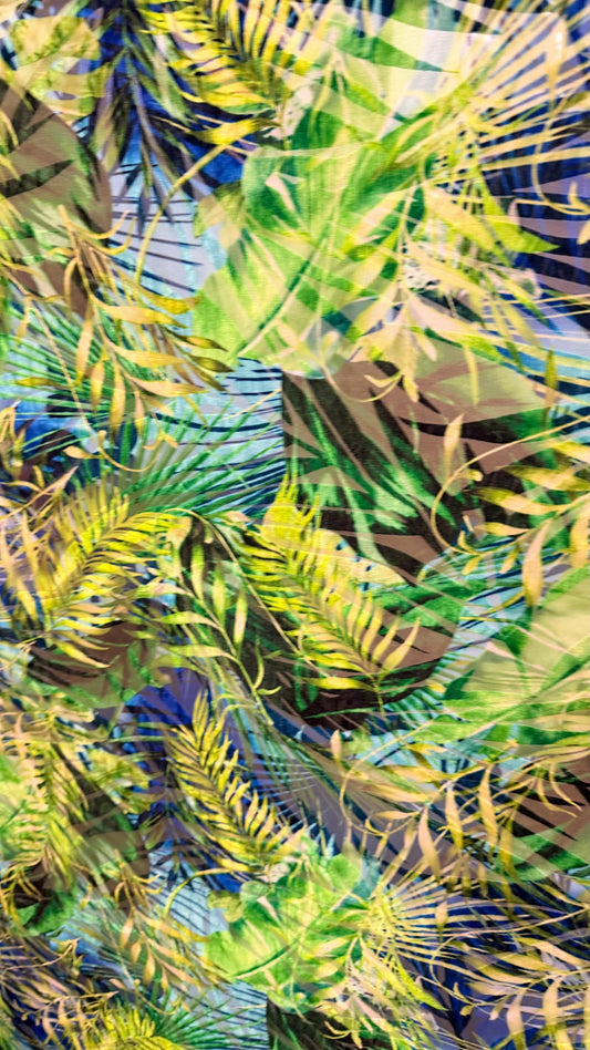 New burnout Tropical Jlo design Green multicolor 4way Stretch 58/60" Sold by the YD. Ships worldwide from Los Angeles California USA.