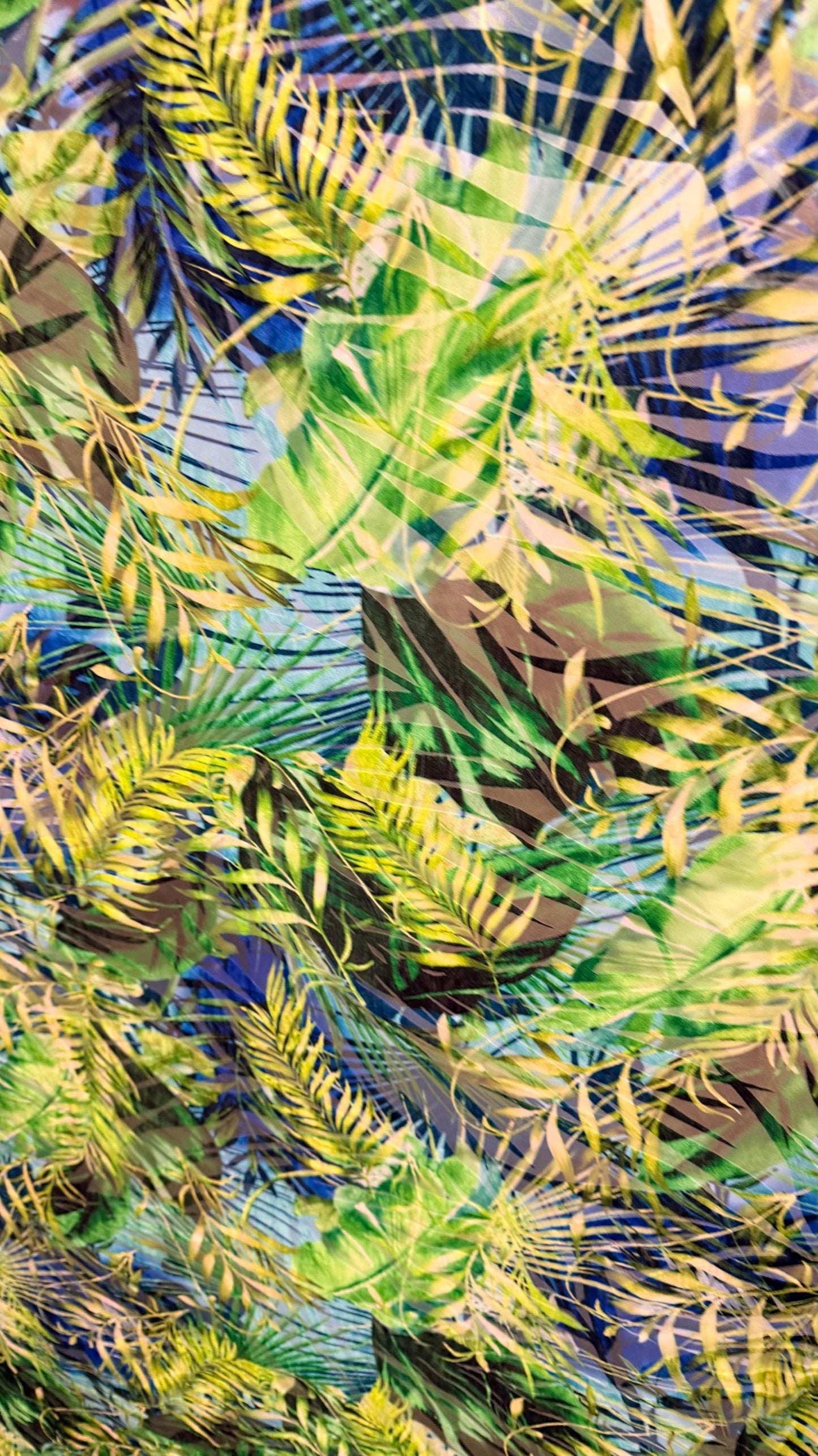 New burnout Tropical Jlo design Green multicolor 4way Stretch 58/60" Sold by the YD. Ships worldwide from Los Angeles California USA.