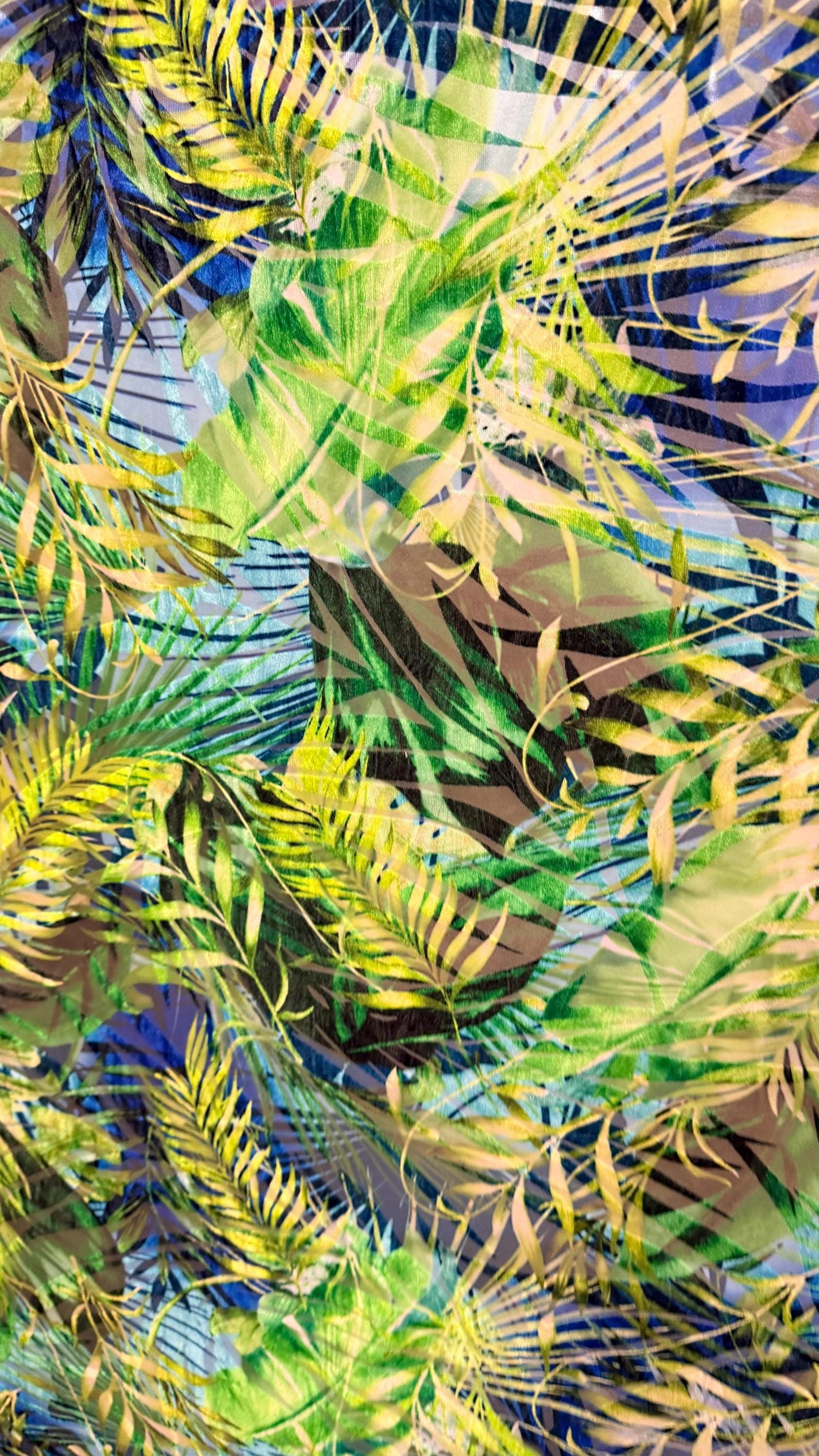 New burnout Tropical Jlo design Green multicolor 4way Stretch 58/60" Sold by the YD. Ships worldwide from Los Angeles California USA.