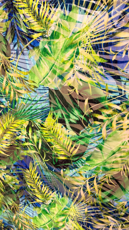 New burnout Tropical Jlo design Green multicolor 4way Stretch 58/60" Sold by the YD. Ships worldwide from Los Angeles California USA.