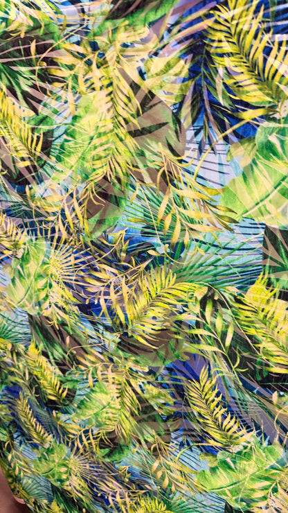 New burnout Tropical Jlo design Green multicolor 4way Stretch 58/60" Sold by the YD. Ships worldwide from Los Angeles California USA.