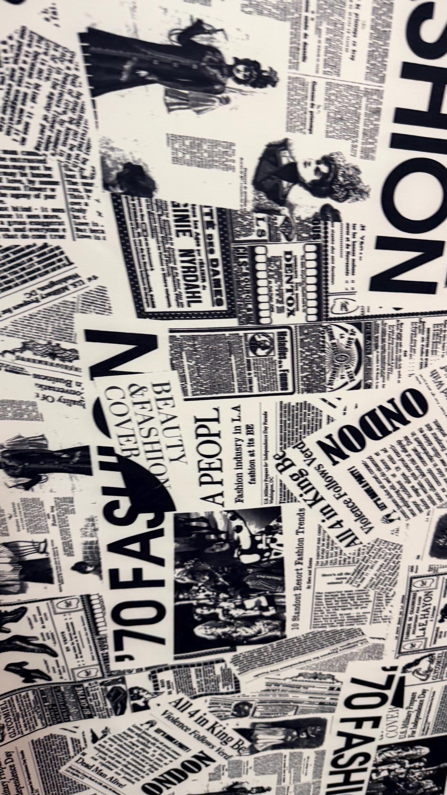 New Newspaper Fashion Design print on poly spandex 4-way stretch 58/60” Sold by the YD. Ships worldwide from Los Angeles California USA
