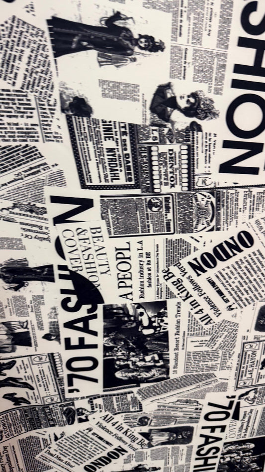New Newspaper Fashion Design print on poly spandex 4-way stretch 58/60” Sold by the YD. Ships worldwide from Los Angeles California USA
