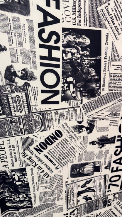 New Newspaper Fashion Design print on poly spandex 4-way stretch 58/60” Sold by the YD. Ships worldwide from Los Angeles California USA