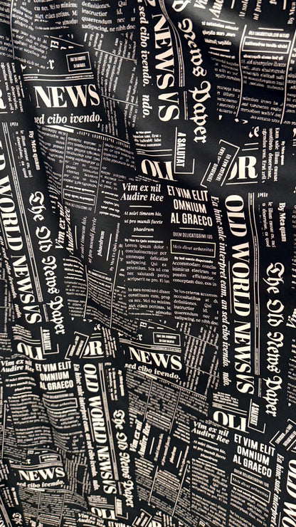 New Fashion Newspaper design print on great quality of poly spandex 4-way stretch medium weight 58/60” Sold by the YD.