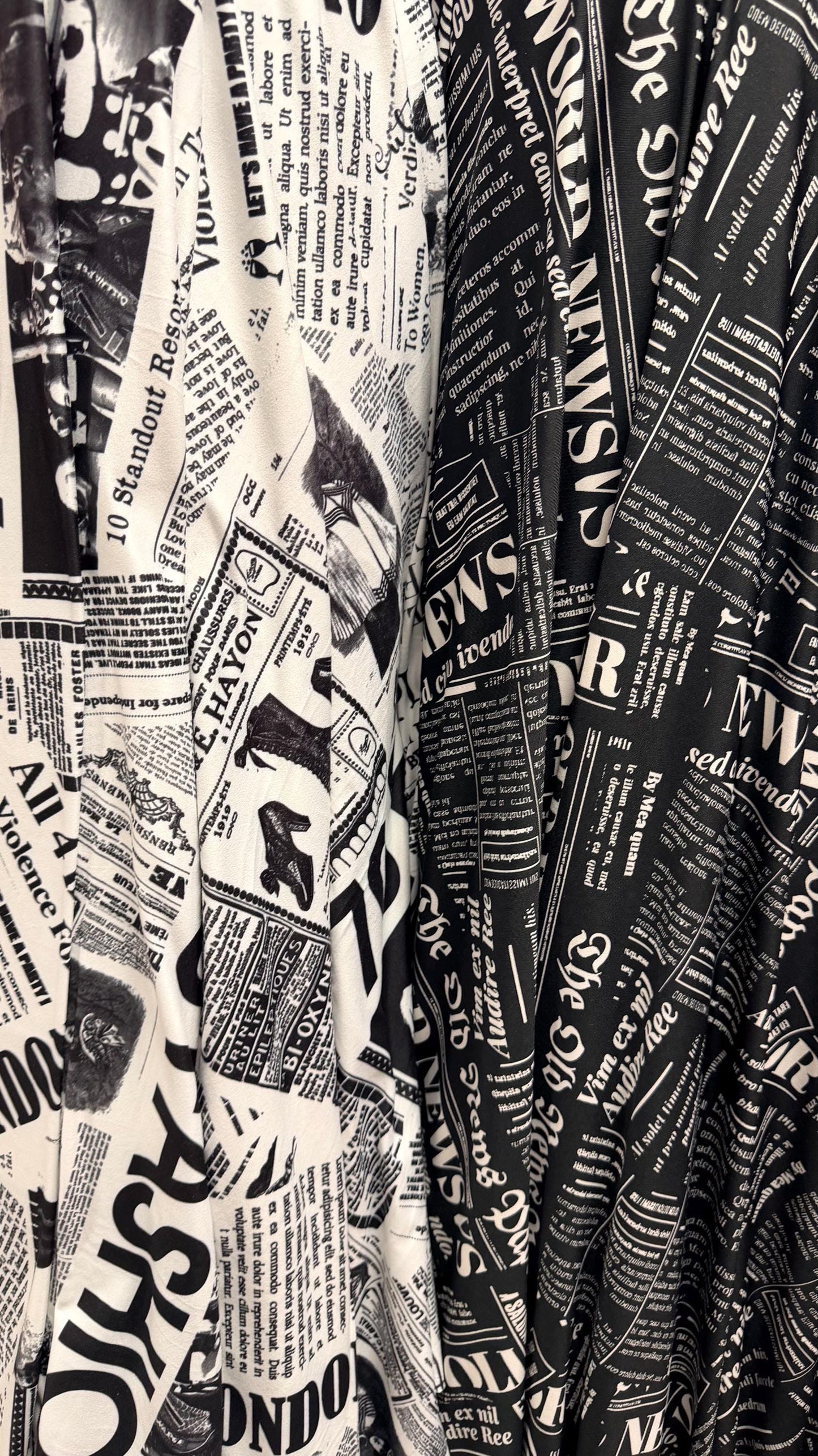 New Fashion Newspaper design print on great quality of poly spandex 4-way stretch medium weight 58/60” Sold by the YD.