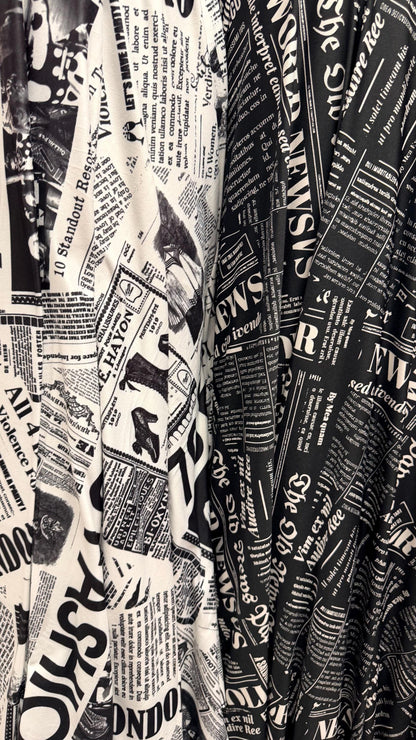New Fashion Newspaper design print on great quality of poly spandex 4-way stretch medium weight 58/60” Sold by the YD.