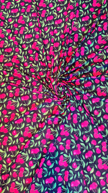 NEW Cherry design print on best quality of power mesh nylon spandex 4-way stretch 58/60” Sold by the YD. Ships Worldwide from Los Angeles CA