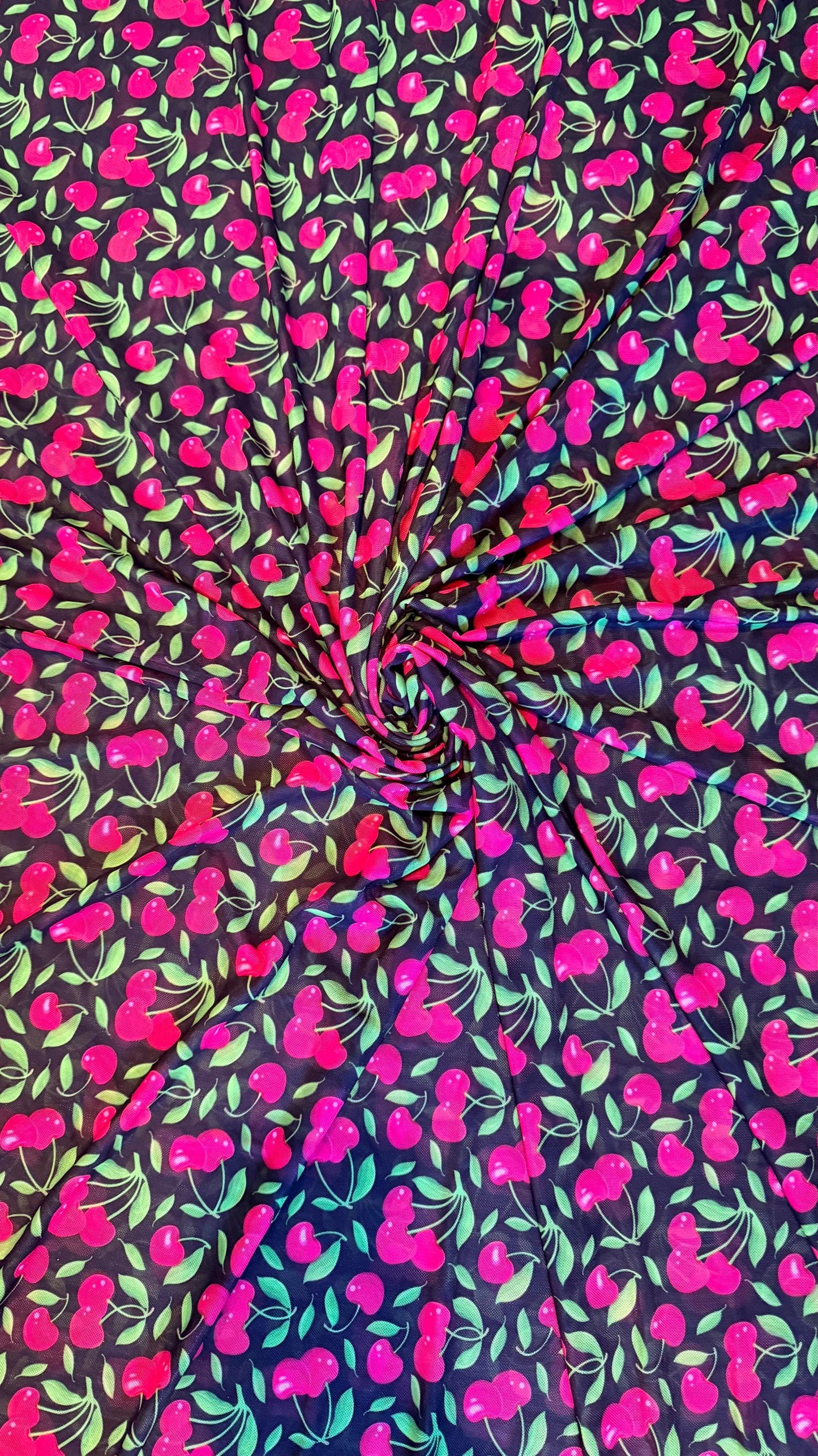 NEW Cherry design print on best quality of power mesh nylon spandex 4-way stretch 58/60” Sold by the YD. Ships Worldwide from Los Angeles CA