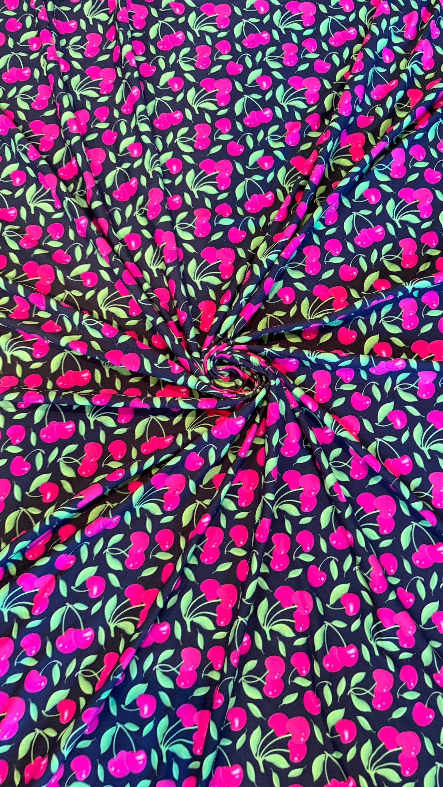 New cherry design Black/Cranberry nylon spandex fabric 4way stretch 58/60" Sold by the YD. Ships worldwide from Los Ángeles California USA.
