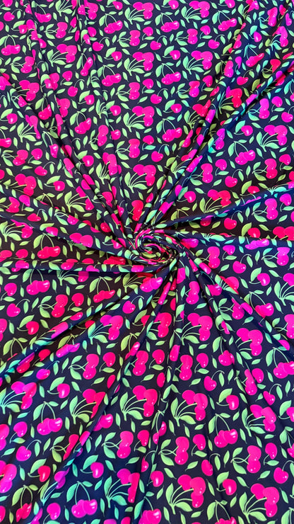 New cherry design Black/Cranberry nylon spandex fabric 4way stretch 58/60" Sold by the YD. Ships worldwide from Los Ángeles California USA.
