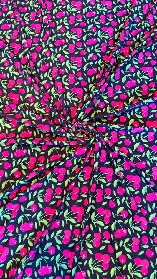 New cherry design Black/Cranberry nylon spandex fabric 4way stretch 58/60" Sold by the YD. Ships worldwide from Los Ángeles California USA.
