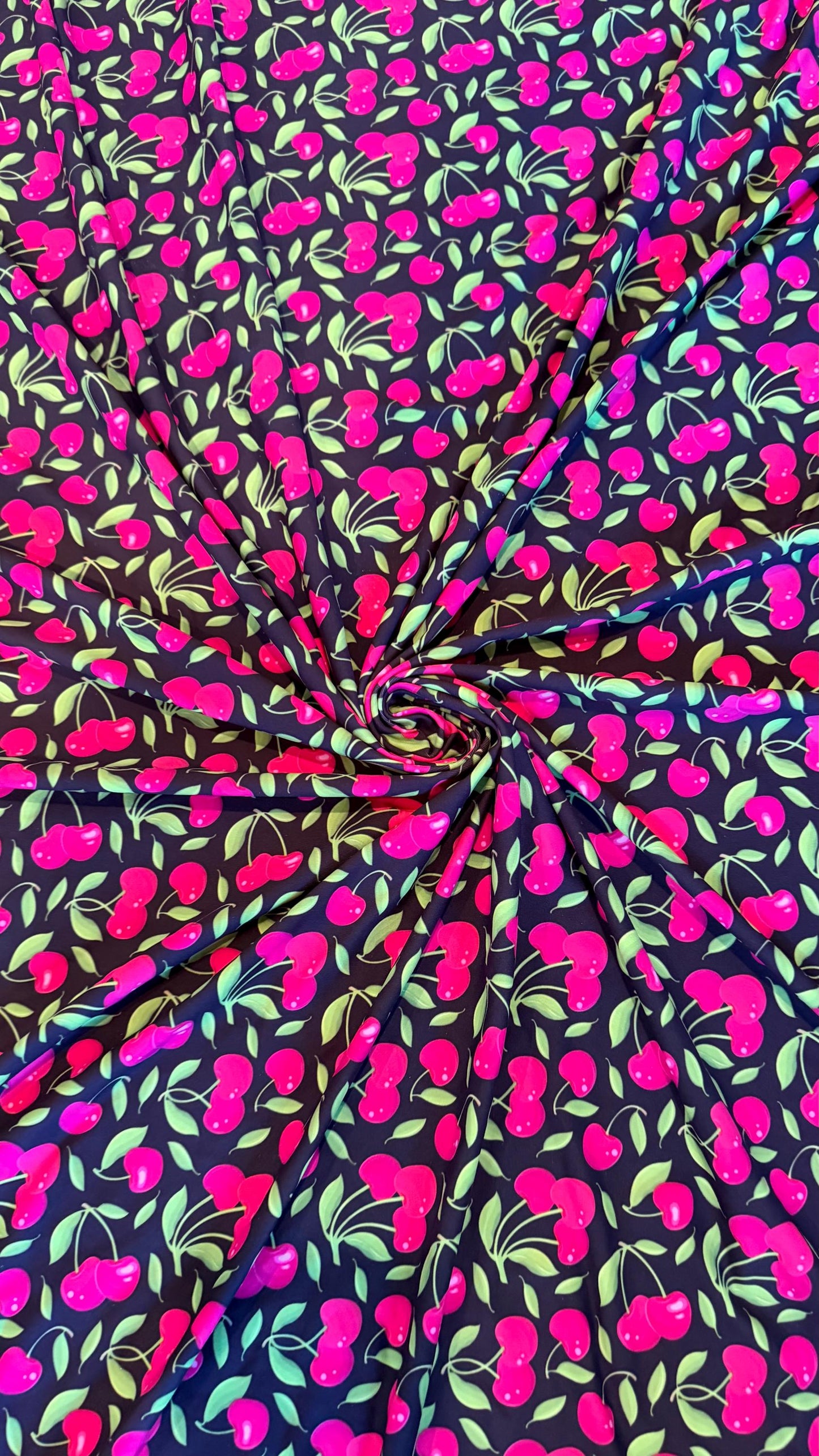 New cherry design Black/Cranberry nylon spandex fabric 4way stretch 58/60" Sold by the YD. Ships worldwide from Los Ángeles California USA.