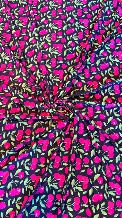 New cherry design Black/Cranberry nylon spandex fabric 4way stretch 58/60" Sold by the YD. Ships worldwide from Los Ángeles California USA.