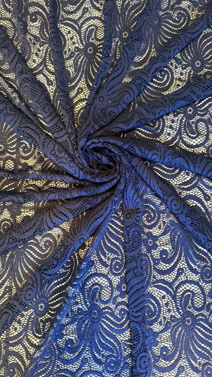 New Swirl abstract design stretch lace black  color 4-way stretch 58/60” Sold by the YD. Ships Worldwide from Los Angeles California USA.