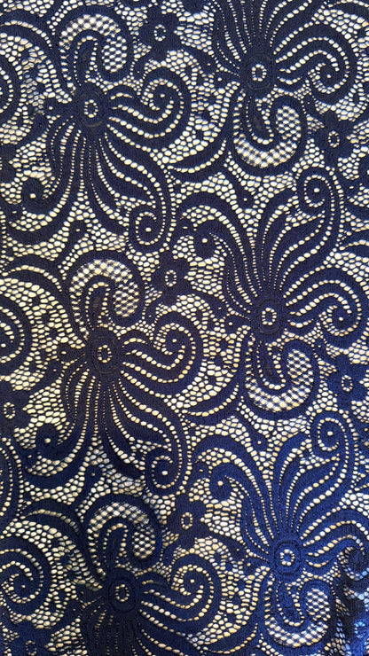 New Swirl abstract design stretch lace black  color 4-way stretch 58/60” Sold by the YD. Ships Worldwide from Los Angeles California USA.