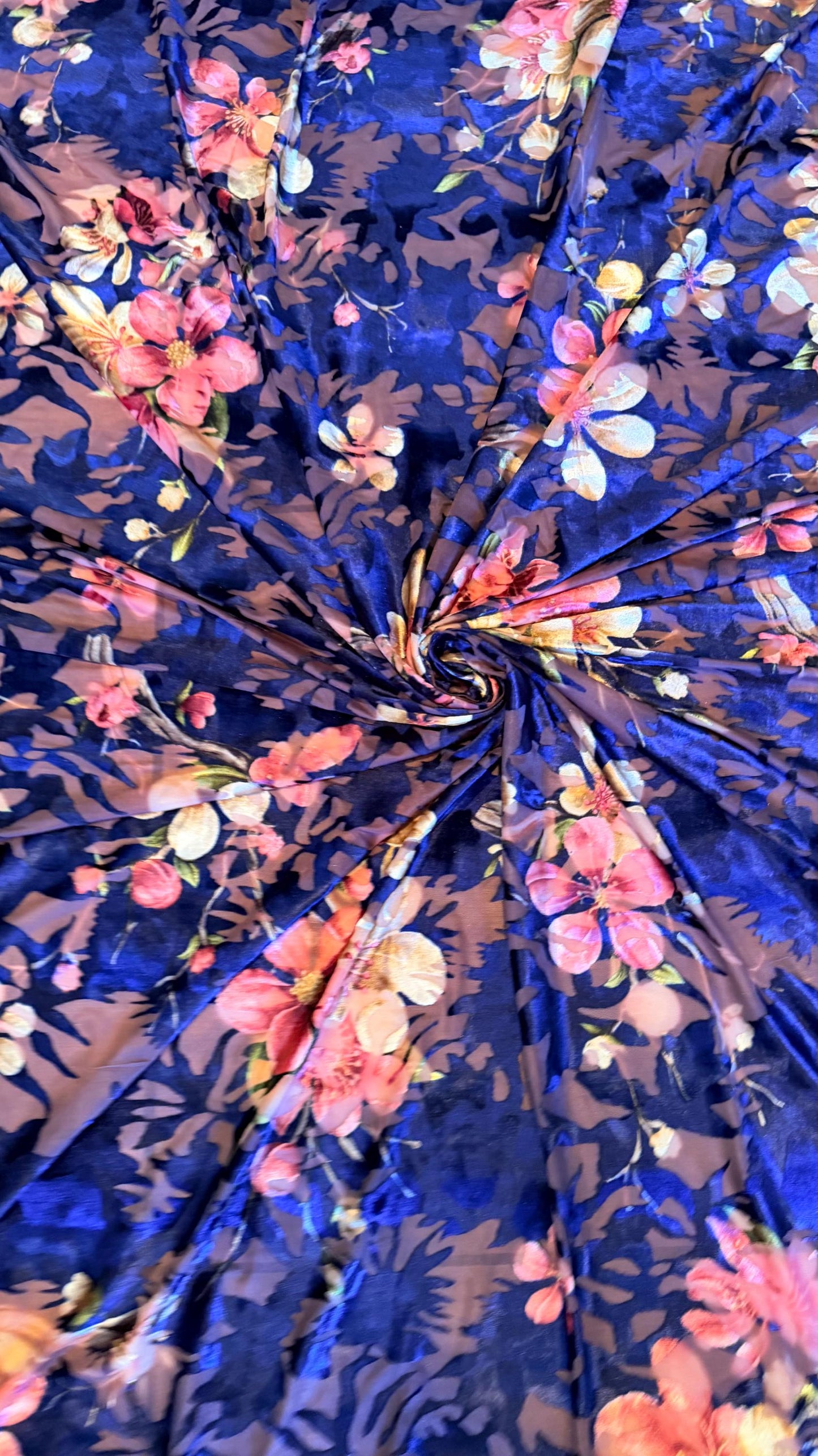 New Luxury burnout silky velvet flower design Navy/pink  4-way stretch 58/60” Sold by the YD. Ships Worldwide from Los Angeles California