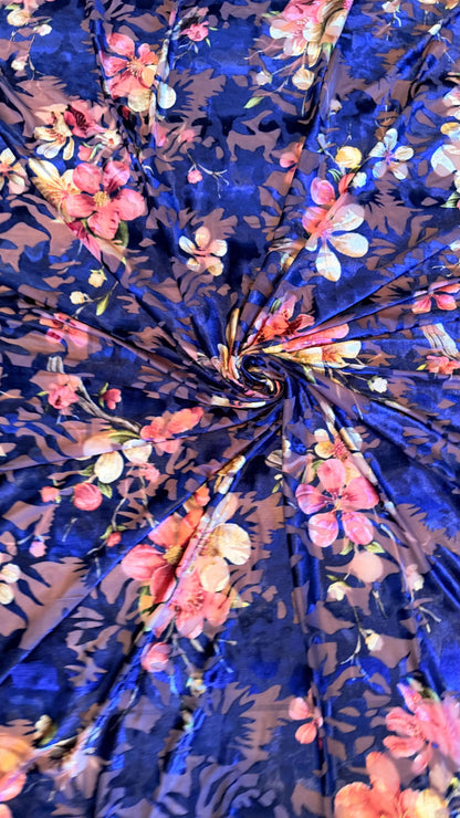 New Luxury burnout silky velvet flower design Navy/pink  4-way stretch 58/60” Sold by the YD. Ships Worldwide from Los Angeles California