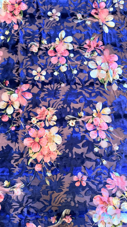 New Luxury burnout silky velvet flower design Navy/pink  4-way stretch 58/60” Sold by the YD. Ships Worldwide from Los Angeles California