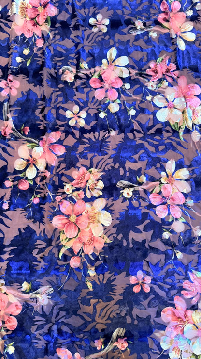 New Luxury burnout silky velvet flower design Navy/pink  4-way stretch 58/60” Sold by the YD. Ships Worldwide from Los Angeles California