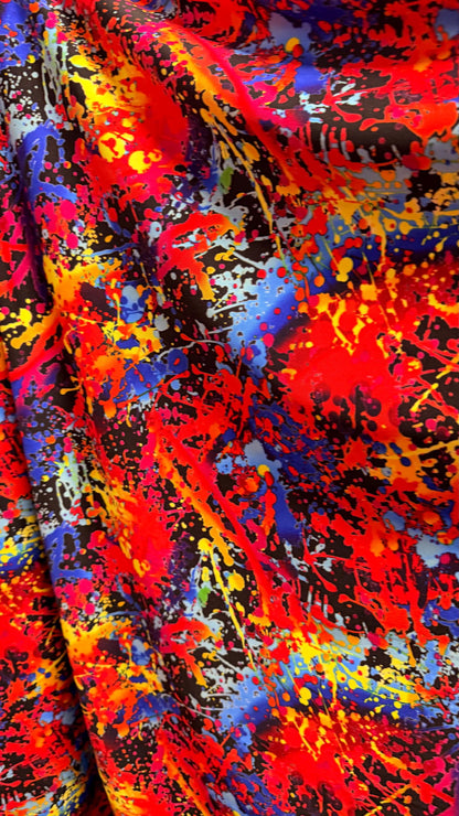 Graffiti paint design Black multicolor nylon spandex 4way Stretch 58/60" Sold by the YD. Ships worldwide from Los Angeles California USA.