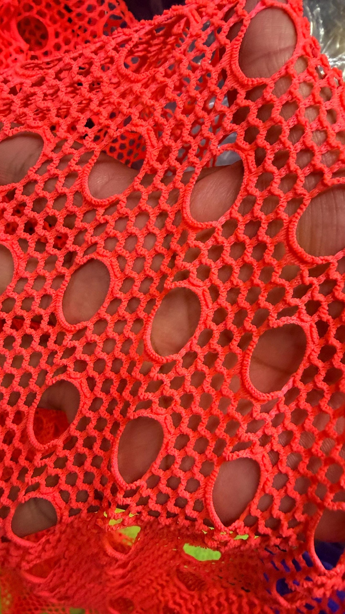 New Black and Coral  fishnet geometric design 4-way stretch 58/60” Sold by the YD. Ships Worldwide from Los Angeles California USA.