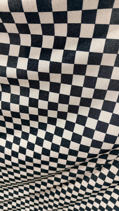 Checkers design Silver/Black on Metallic Lurex spandex 2-way stretch 58/60” High quality fabrics by AlexLAFabrics