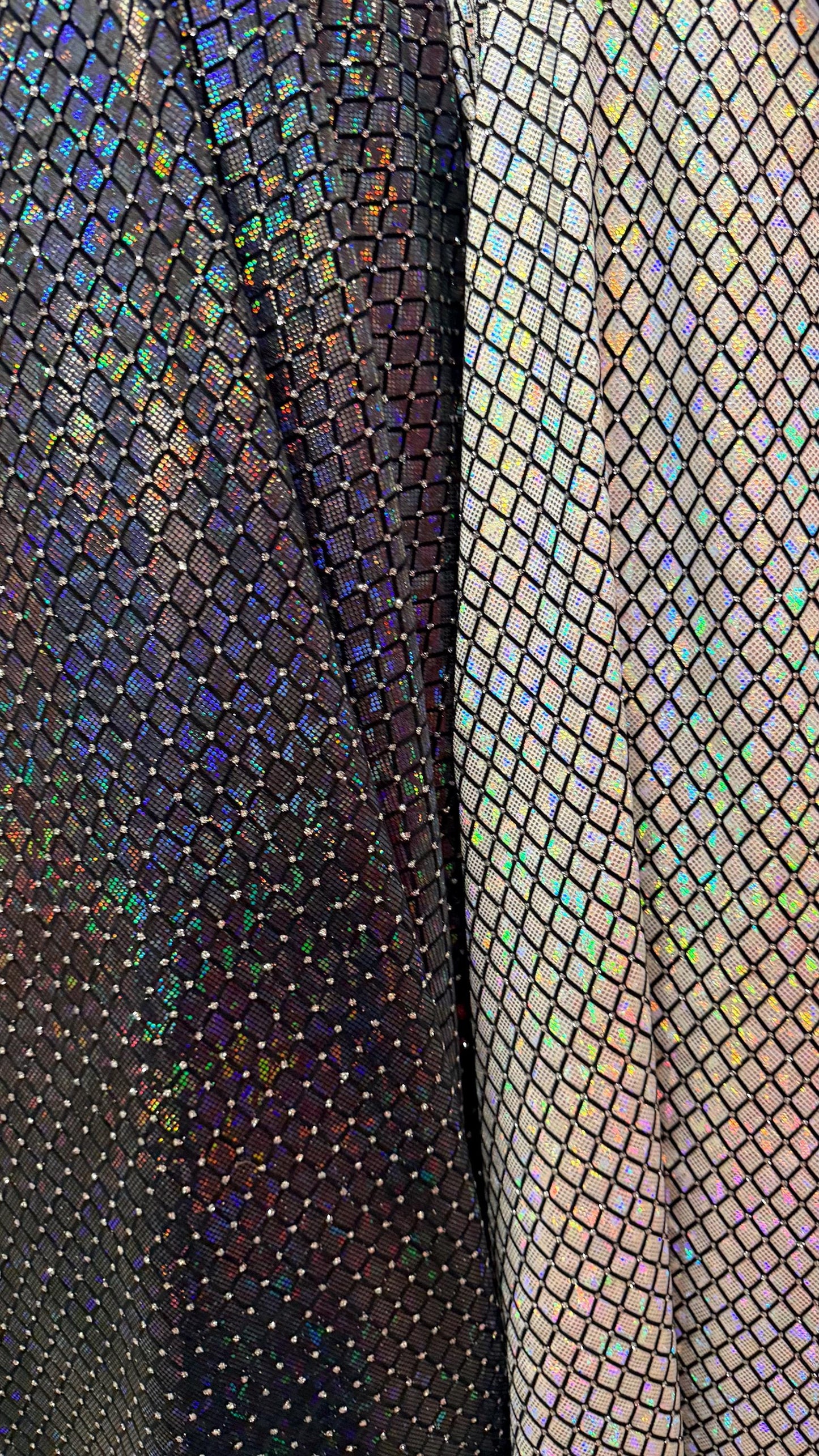 New Diamond Geometric design Hologram metallic nylon spandex shattered glass with flocking and glitter 4-way stretch 58/60” Sold by the YD.
