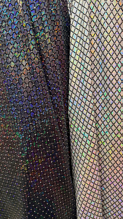 New Diamond Geometric design Hologram metallic nylon spandex shattered glass with flocking and glitter 4-way stretch 58/60” Sold by the YD.