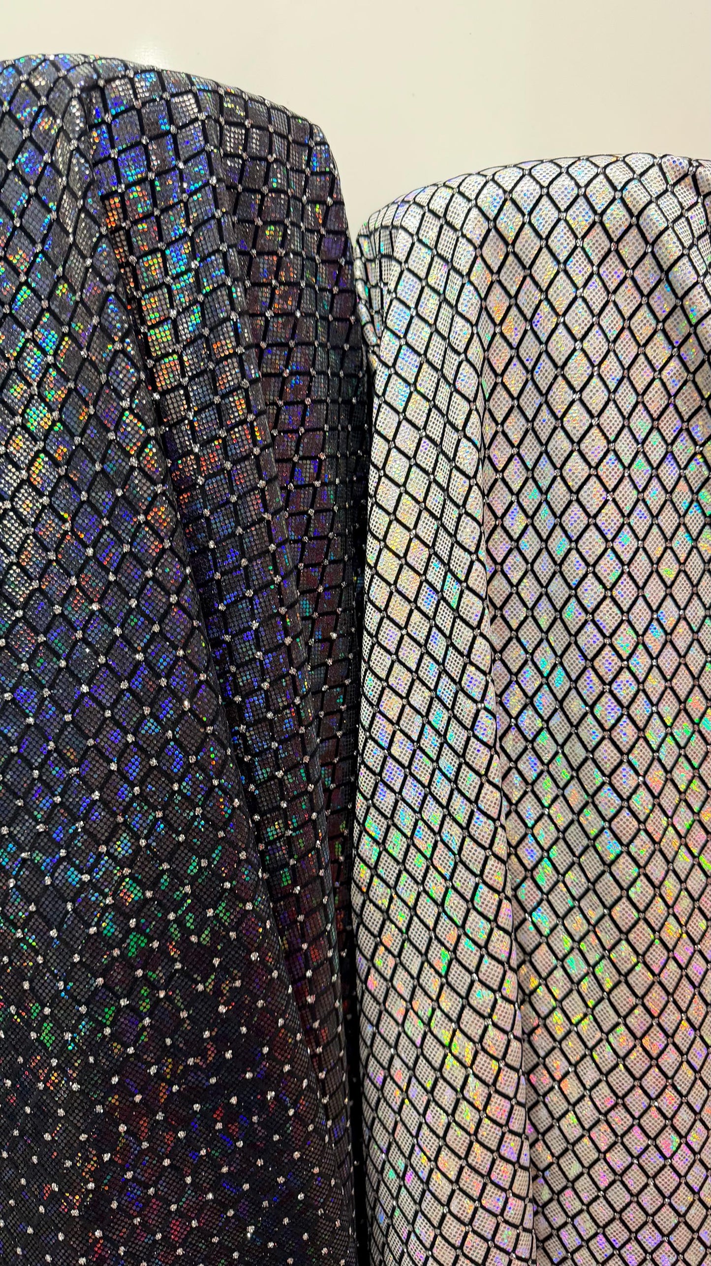 New Diamond Geometric design Hologram metallic nylon spandex shattered glass with flocking and glitter 4-way stretch 58/60” Sold by the YD.