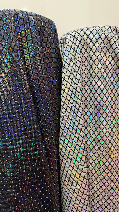 New Diamond Geometric design Hologram metallic nylon spandex shattered glass with flocking and glitter 4-way stretch 58/60” Sold by the YD.