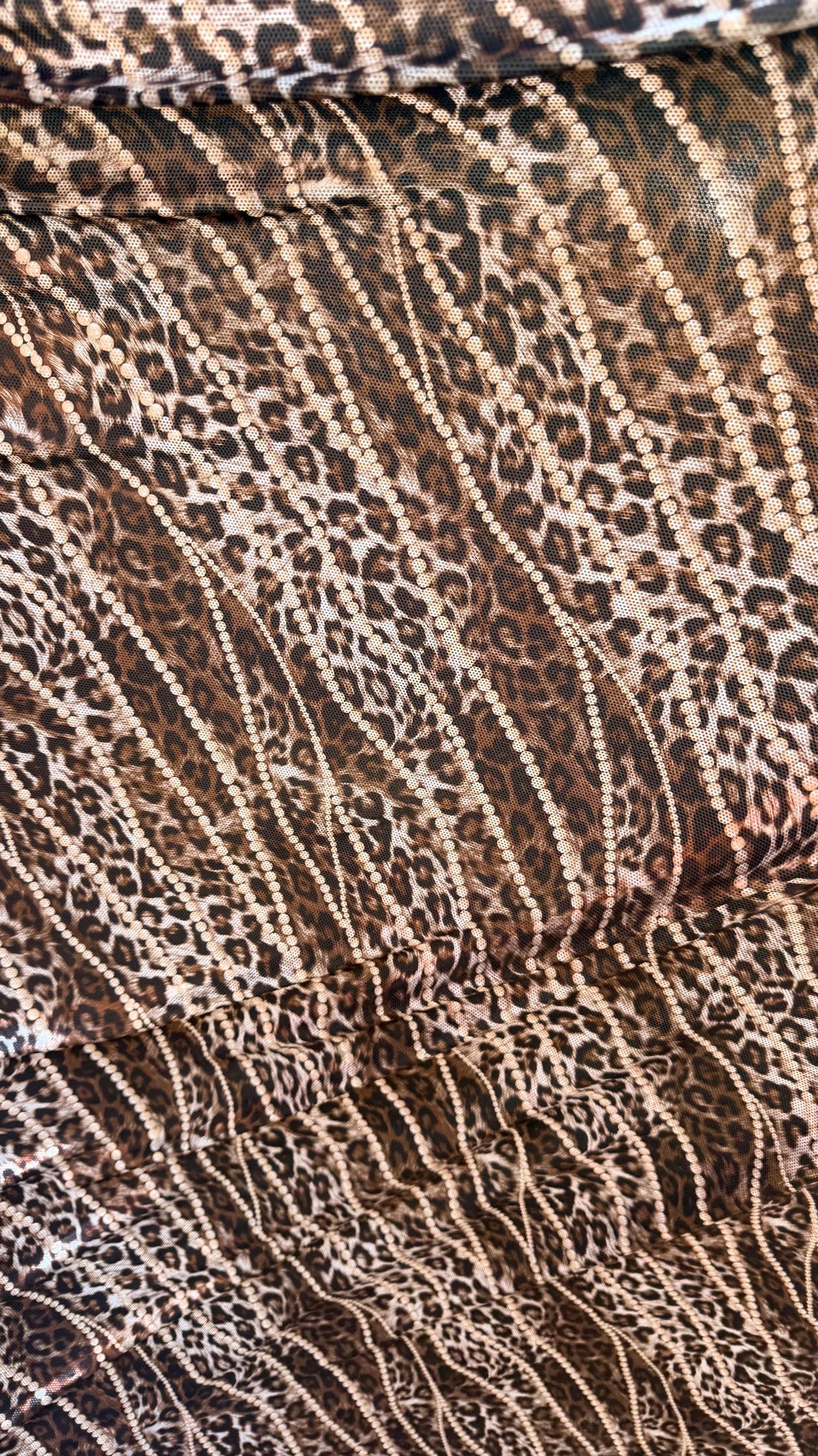 New exotic metallic leopard design poly spandex 4-way stretch  58/60” Sold by the YD. Ships worldwide from Los Angeles California USA