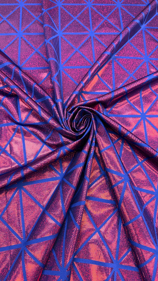 Geometric desing hologram metallic nylon spandex 4-way stretch 58/60" sold by the yd. Ships worldwide from Los Angeles California USA