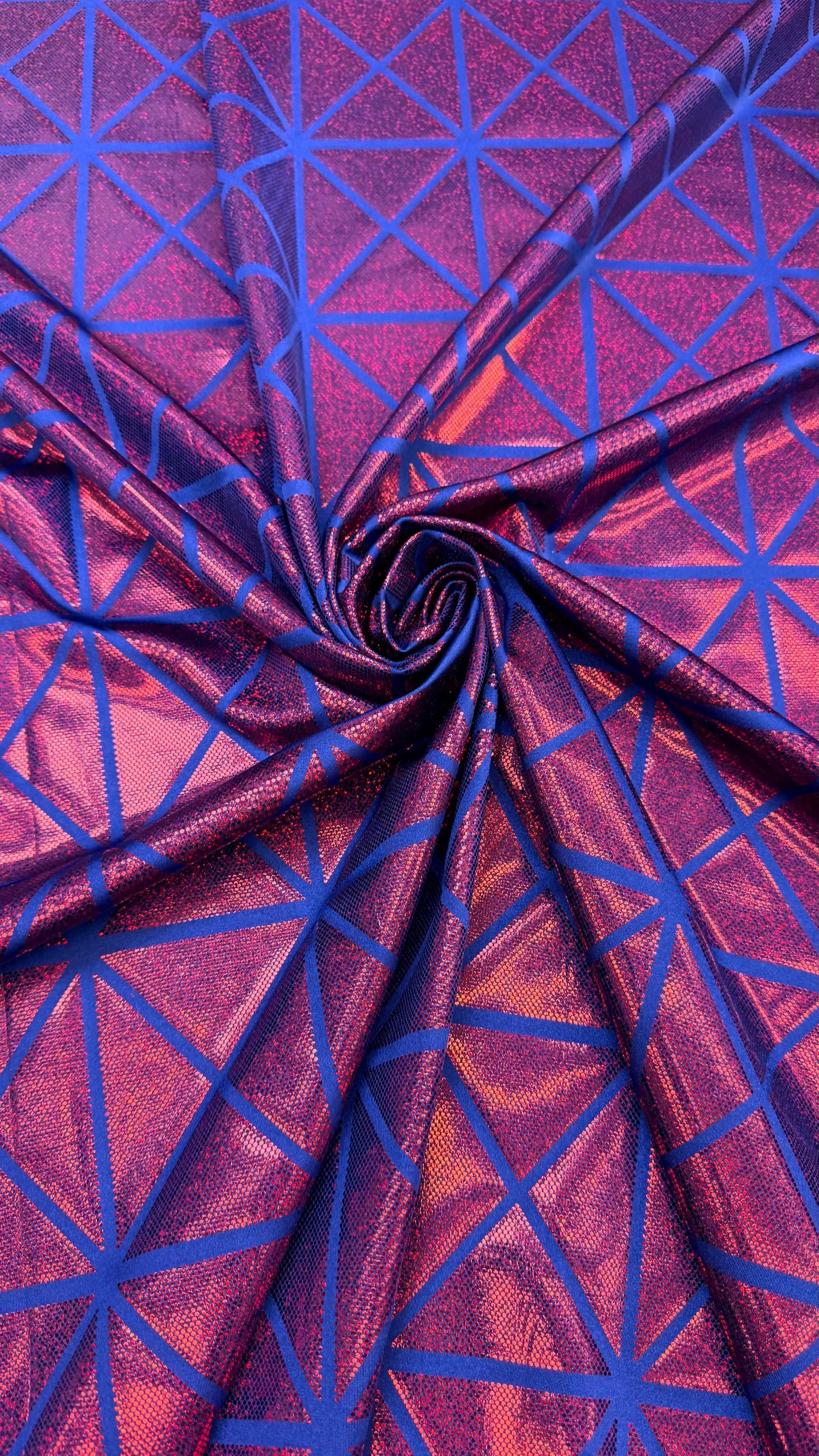 Geometric desing hologram metallic nylon spandex 4-way stretch 58/60" sold by the yd. Ships worldwide from Los Angeles California USA
